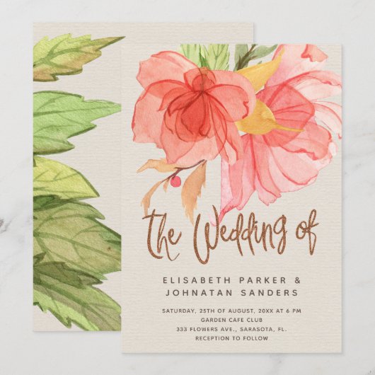 コーラルピンクの緑の夏の水彩花のウェディング 招待状 (正面/裏面)