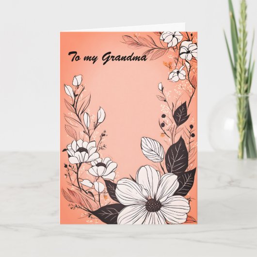 コーラルピンクの背景にモノクロの線画の花輪 - 母の日 シーズンカード (正面)