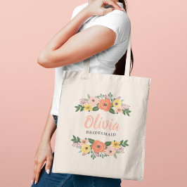 コーラルピンクの花と緑のウェディングブライズメイド トートバッグ