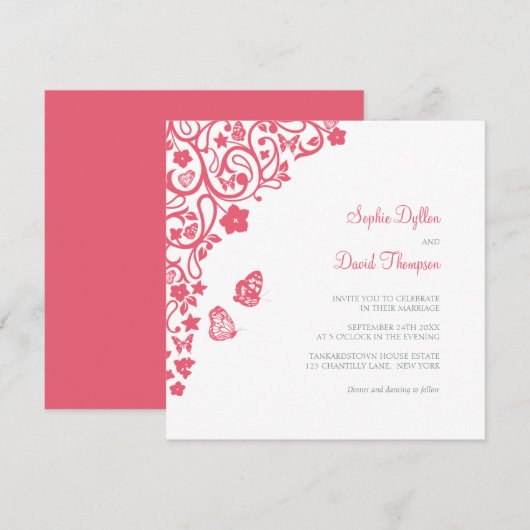 コーラルピンクの花と蝶のガーデンウェディング 招待状 (正面/裏面)