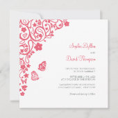 コーラルピンクの花と蝶のガーデンウェディング 招待状 (正面)