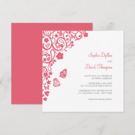 コーラルピンクの花と蝶のガーデンウェディング 招待状