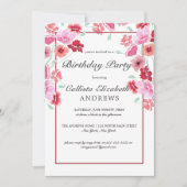 コーラルピンクの花の水彩の誕生日パーティー 招待状 (正面)