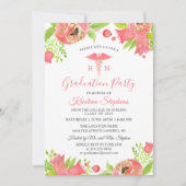 コーラルピンクの花の看護学校卒業パーティー 招待状 (正面)