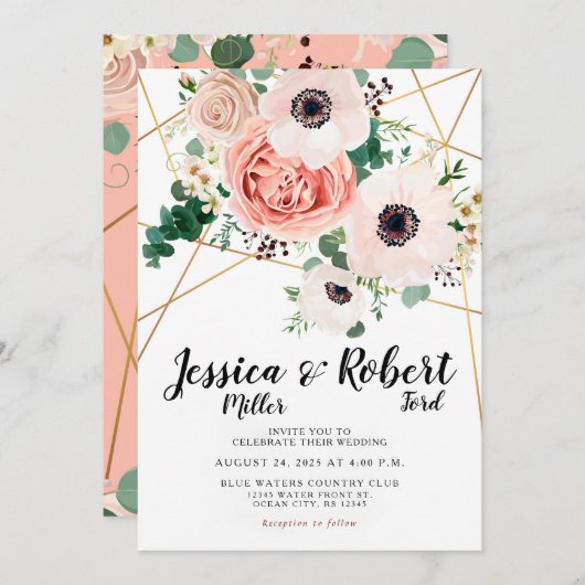 コーラルピンクの花エレガントな結婚式の姓 招待状 (正面/裏面)