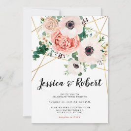 コーラルピンクの花エレガントな結婚式 招待状