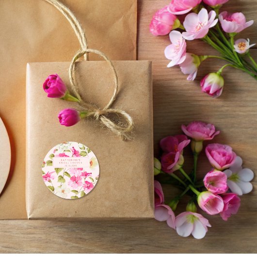 コーラルピンクの花園の花 ブライダルシャワー ラウンドシール