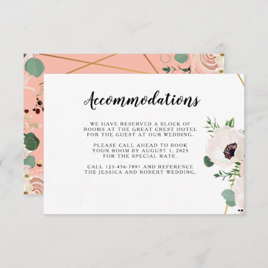 コーラルピンクの花結婚の情報カード 出欠カード (正面/裏面)