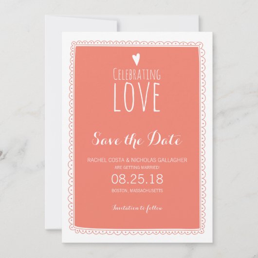 コーラルピンクの遊び心あふれる落書きフレーム Save the Date 招待状 (正面)