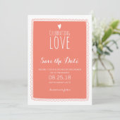 コーラルピンクの遊び心あふれる落書きフレーム Save the Date 招待状 (スタンド正面)