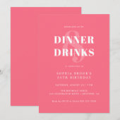 コーラルピンクはっきりしたタイポグラフィ大人誕生日ディナー 招待状 (正面/裏面)
