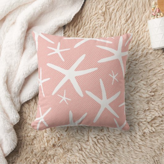コーラルピンクアンドホワイトヒトデビーチハウス クッション (ブランケット)