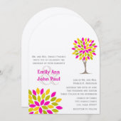 コーラルピンクイエローグモダンリーツリー結婚の花 招待状 (正面/裏面)