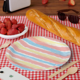 コーラルピンクイエローブルーウォーター色のストライプパターン ペーパープレート