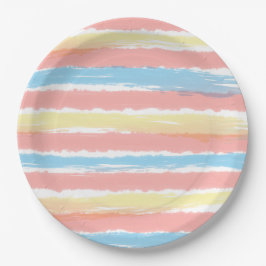 コーラルピンクイエローブルーウォーター色のストライプパターン ペーパープレート