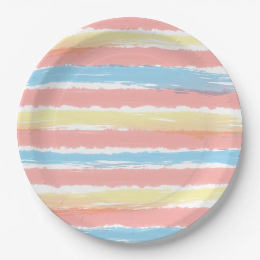 コーラルピンクイエローブルーウォーター色のストライプパターン ペーパープレート (正面)