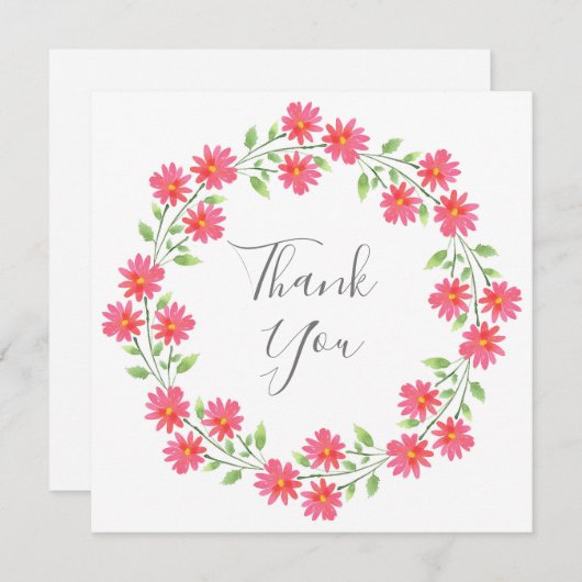 コーラルピンクウォーターカラーデイジーリース サンキューカード (正面/裏面)