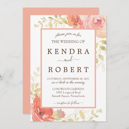 コーラルピンクエレガントバラフローラ結婚式招待状 招待状 (正面/裏面)