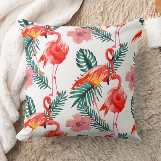 コーラルピンクカラフルのフラミンゴ熱帯性模様 クッション (ブランケット)