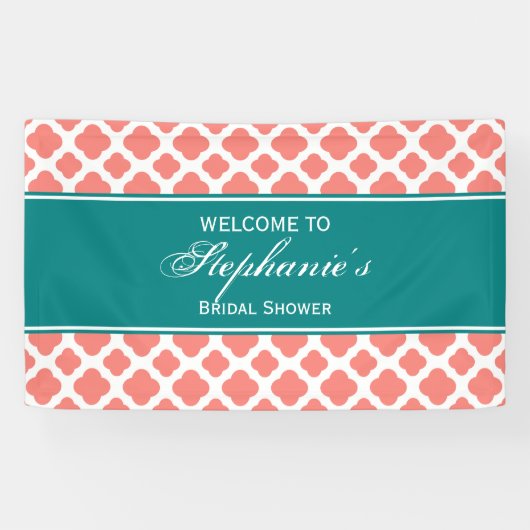 コーラルピンククローバーパターンとティール(緑がかった色)ブライダル 横断幕 (横)