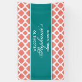 コーラルピンククローバーパターンとティール(緑がかった色)ブライダル 横断幕 (縦)