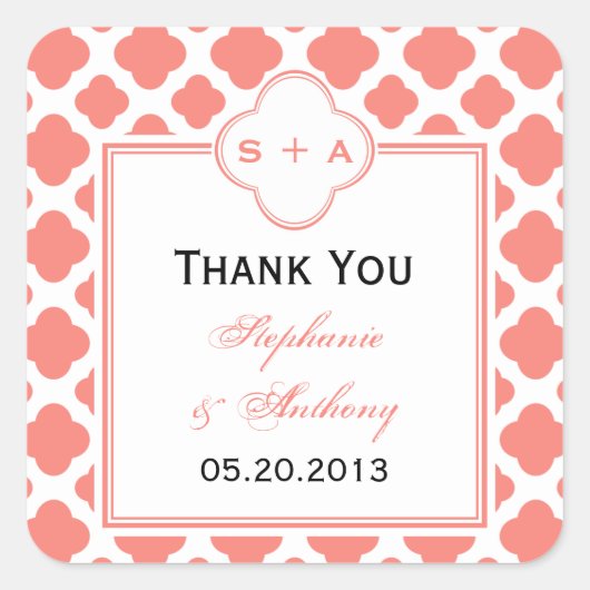 コーラルピンククローバーパタ結婚ーンありがとう スクエアシール (正面)