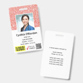 コーラルピンクグリッター技術者の写真ID QRバーコード バッジ (正面＆裏面)