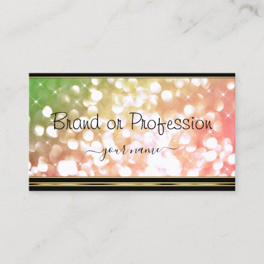 コーラルピンクグリーングラディエントグリッタースターズ金ゴールドブラック 名刺 (正面)