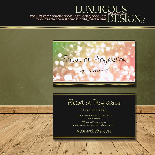 コーラルピンクグリーングラディエントグリッタースターズ金ゴールドブラック 名刺