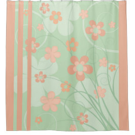 コーラルピンクグリーンシンプルフラワーズキュート春フローラ シャワーカーテン