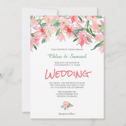 コーラルピンクグリーンフローラ縁ど結婚式招待状 招待状 (正面)