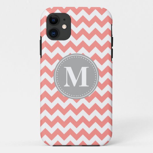 コーラルピンクシェブロンパターングレーモノグラム Case-Mate iPhoneケース (裏面)