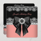 コーラルピンクダイヤモンドレースコーラルバースデーパーティー2 招待状 (正面/裏面)