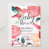 コーラルピンクティール(緑がかった色)ハミングバードフローラベビーシャワー 招待状 (正面)