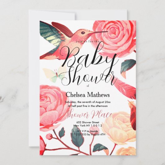 コーラルピンクティール(緑がかった色)ハミングバードフローラベビーシャワー 招待状 (正面)