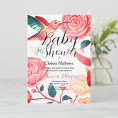 コーラルピンクティール(緑がかった色)ハミングバードフローラベビーシャワー 招待状 (スタンド正面)
