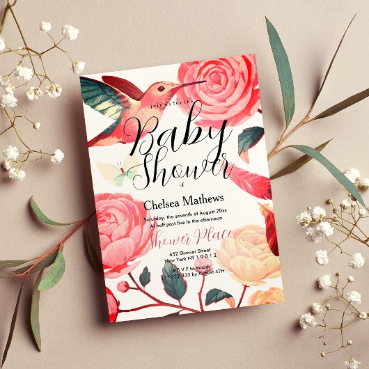 コーラルピンクティール(緑がかった色)ハミングバードフローラベビーシャワー 招待状