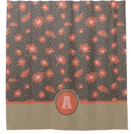 コーラルピンクデイジー茎花模様モノグラム シャワーカーテン (正面)