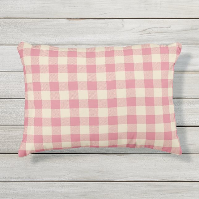 コーラルピンクバッファロープレイド | カントリーファームハウス アウトドアクッション (正面)