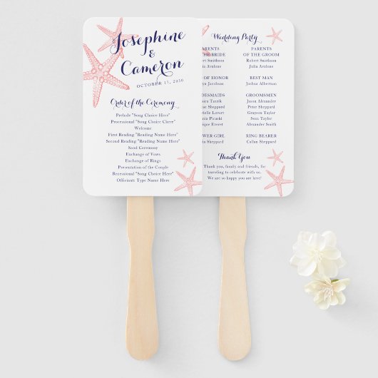 コーラルピンクヒトデビーチ結婚式プログラム ハンドファン (正面&裏面)