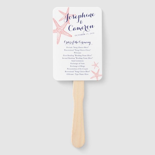 コーラルピンクヒトデビーチ結婚式プログラム ハンドファン (正面)