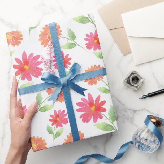 コーラルピンクピーチウォーターデイジーパターン ラッピングペーパー (ギフト)