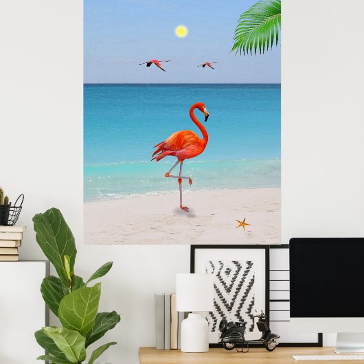 コーラルピンクフラミンゴ&パームリーフオンビーチ ポスター (ホームオフィス)