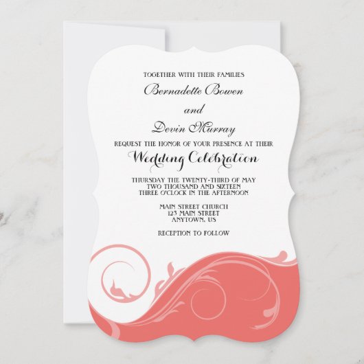 コーラルピンクフローラスワールブラケットウェディング 招待状 (正面)