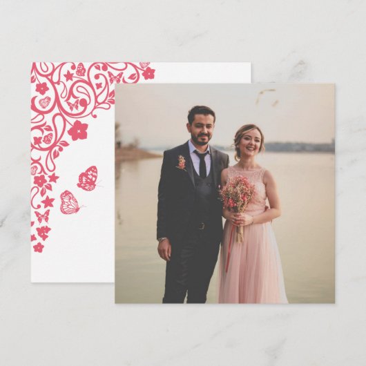 コーラルピンクフローラバタフライガーデンスクエアフォト サンキューカード (正面/裏面)