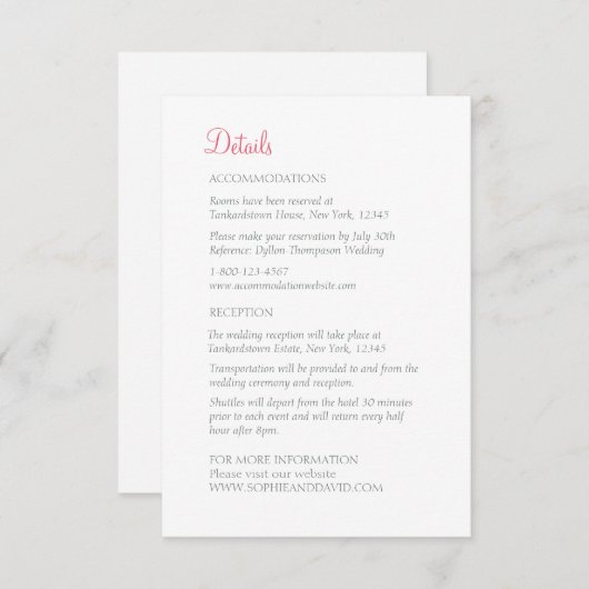 コーラルピンクフローラバタフライ庭園の結婚式詳細 エンクロージャーカード (正面/裏面)