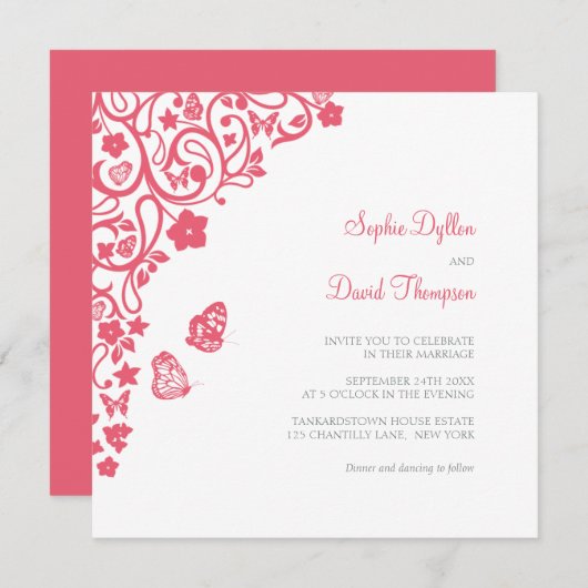 コーラルピンクフローラバタフライ庭園の結婚式 招待状 (正面/裏面)