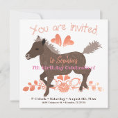 コーラルピンクブラウンポニー誕生日パーティーへの招待 招待状 (正面)