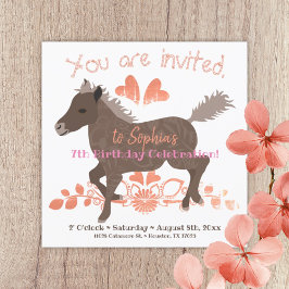 コーラルピンクブラウンポニー誕生日パーティーへの招待 招待状