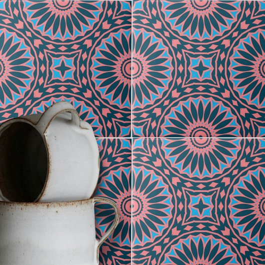 コーラルピンクブルーカレイドコピック幾何学模様 タイル